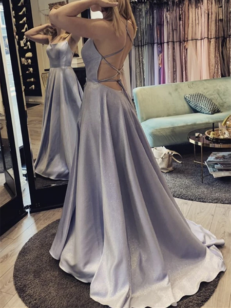 A Line Backless Satin Long Prom Dresses, Simple A Line Open Back Satin Long Formal Evening Dresses