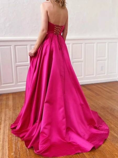 Strapless Hot Pink Satin Prom Dresses, Strapless Hot Pink Long Formal Evening Dresses