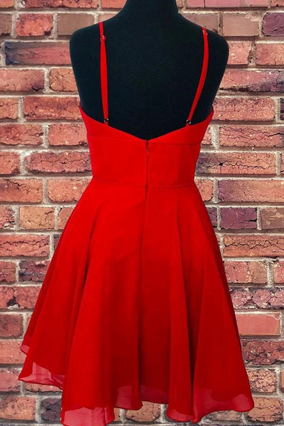 A Line V Neck Open Back Red Short Prom Dresses, Backless Red Homecoming Dresses, Short Red Formal Evening Dresses