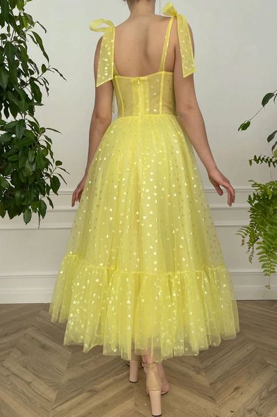 Yellow Tulle Short A Line Prom Dresses, Yellow Tulle Short A Line Evening Dresses