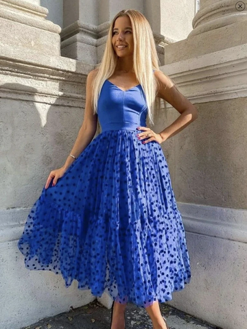 A Line V Neck Royal Blue Tea Length Prom Dresses, Royal Blue Tea Length Formal Evening Dresses