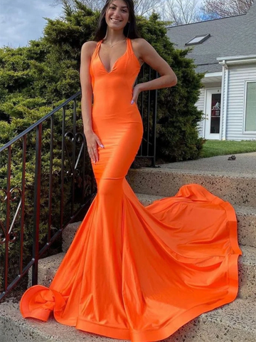 Mermaid V Neck Orange Satin Long Prom Dresses,  Orange Mermaid V Neck Satin Long Formal Evening Dresses