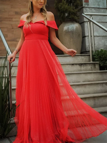 Elegant Off Shoulder Red Tulle Long Prom Dress, Off the Shoulder Red Formal Evening Dress