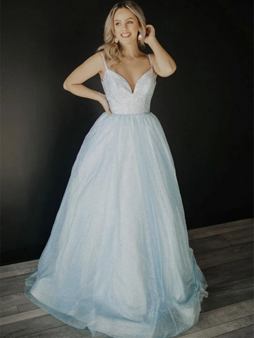 V Neck Sequin Blue Tulle Long Prom Dresses, V Neck Sequin Blue Tulle Long Formal Evening Dresses