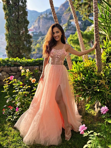 Sweetheart Neck Pink Lace Prom Dresses, Pink Lace Long  Formal Evening Dresses