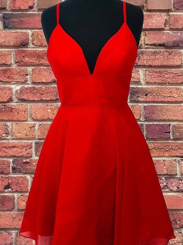 A Line V Neck Open Back Red Short Prom Dresses, Backless Red Homecoming Dresses, Short Red Formal Evening Dresses