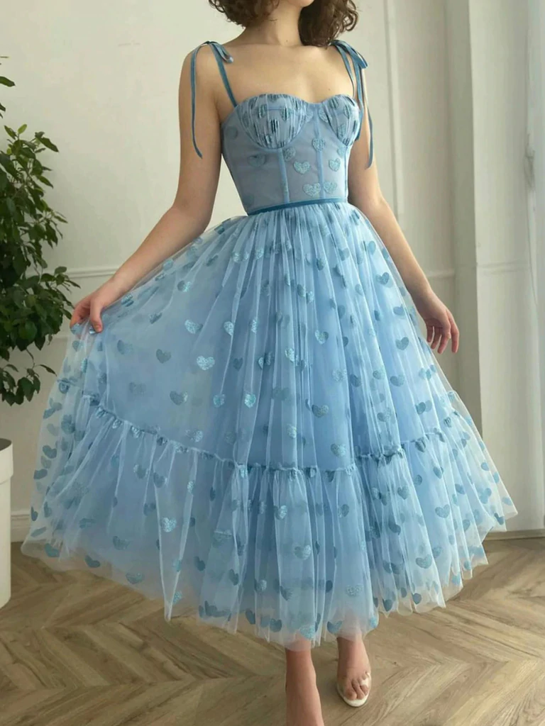 Blue Tea Length Tulle Prom Dresses, Blue Tea Length Formal Graduation – morievent