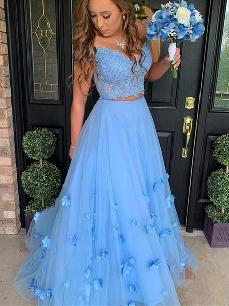 Off Shoulder Two Pieces Blue Lace Long Prom Dresses, Off the Shoulder 2 Pieces  Blue Lace Formal Evening Dresses