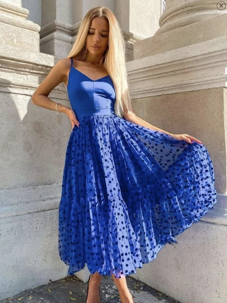 A Line V Neck Royal Blue Tea Length Prom Dresses, Royal Blue Tea Length Formal Evening Dresses