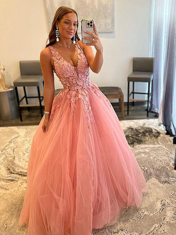 V Neck Pink Lace Floral Long Prom Dresses, Pink Lace Flower Long Formal Graduation Dresses