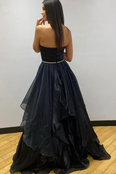 Sweetheart Neck Open Back Black Tulle Long Prom Dress, Strapless Black Formal Graduation Evening Dress