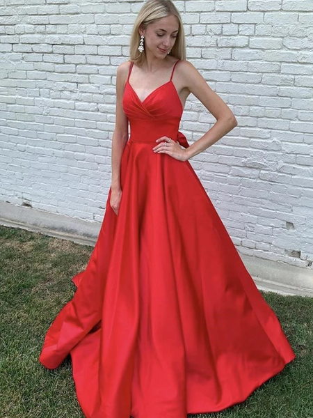 A Line V Neck Red Backless Long Prom Dresses, V Neck Red Long Formal Evening Dresses