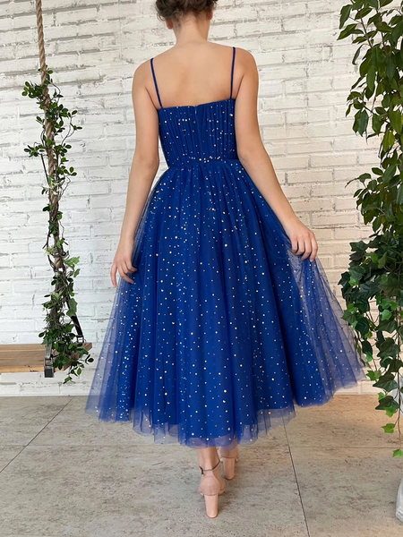 Sequins Sweetheart Neck Blue Tulle Tea Length Short Prom Dresses, Blue Tulle Short Formal Evening Dresses
