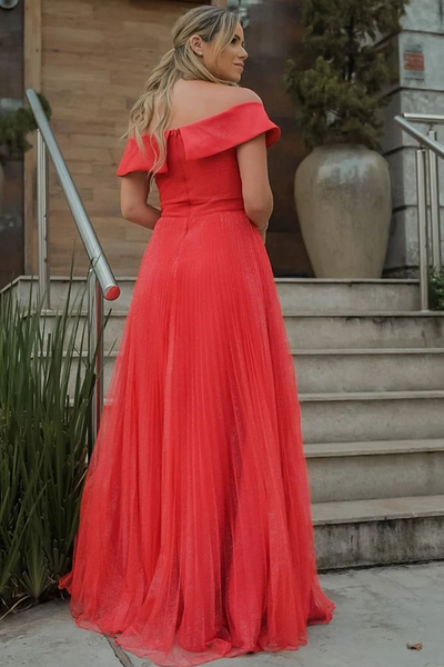 Elegant Off Shoulder Red Tulle Long Prom Dress, Off the Shoulder Red Formal Evening Dress
