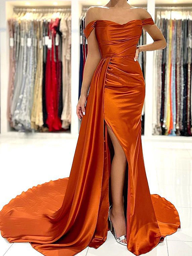 Off the Shoulder Orange Satin Prom Dresses Orange Off Shoulder Satin Formal Evening Dresses