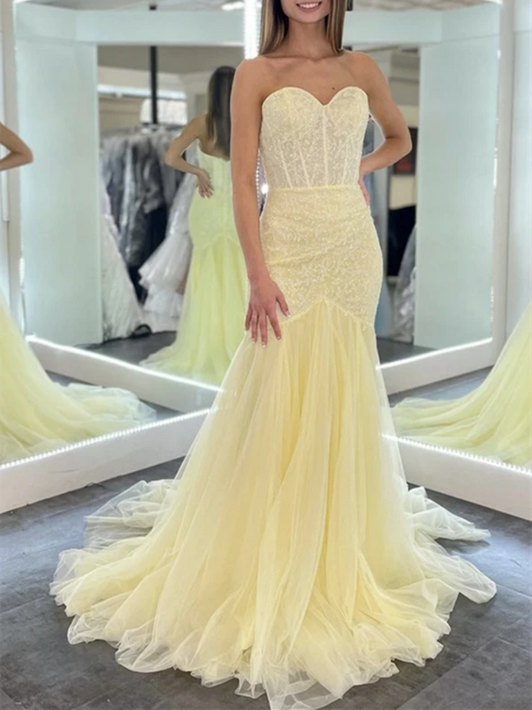Sweetheart Neck Mermaid Yellow Tulle Sequins Long Prom Dresses, Yellow Mermaid Tulle Long Formal Evening Dresses