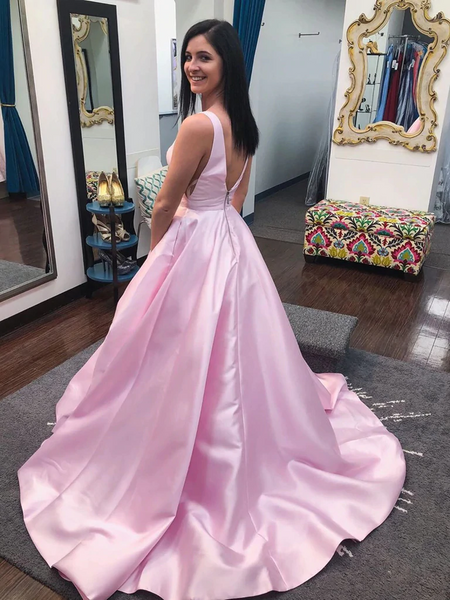 Princess V Neck Open Back Pink Long Prom Dresses, V Neck Pink Formal Dresses, Pink Evening Dresses