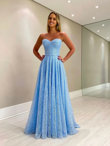 A Line Shiny Blue Tulle Long Prom Dresses, A Line Shiny Blue Tulle Long Formal Evening Dresses