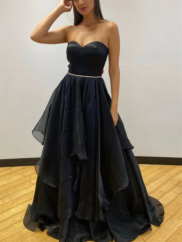 Sweetheart Neck Open Back Black Tulle Long Prom Dress, Strapless Black morievent Sweetheart Neck Open Back Black Tulle Long Prom Dress, Strapless Black morievent