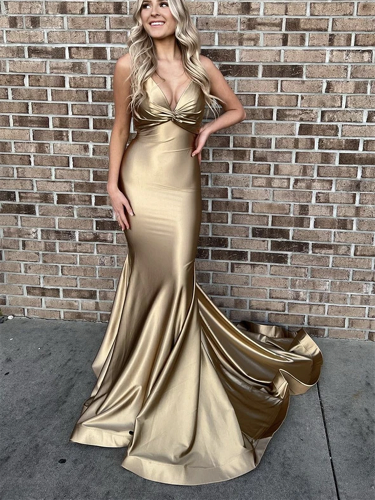Simple Gold Satin Mermaid Long Prom Dresses, V Neck Golden Satin Mermaid Long Formal Evening Dresses
