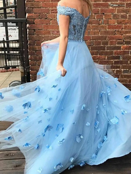 Off Shoulder Two Pieces Blue Lace Long Prom Dresses, Off the Shoulder 2 Pieces  Blue Lace Formal Evening Dresses