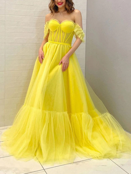 Off the Shoulder Yellow Tulle Prom Dresses, Yellow Tulle Off Shoulder Formal Graduation Dresses