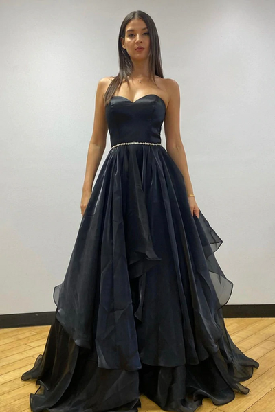 Sweetheart Neck Open Back Black Tulle Long Prom Dress, Strapless Black Formal Graduation Evening Dress