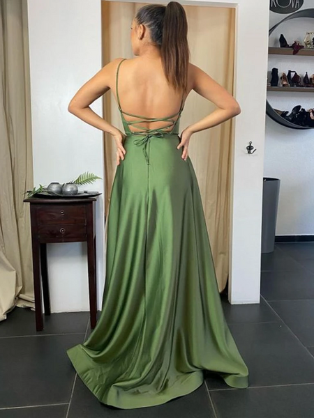 A Line Backless Green Satin Long Prom Dresses with Leg Slit, Open Back Green Formal Graduation Evening Dresses