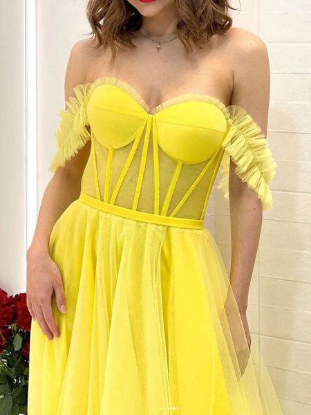 Off the Shoulder Yellow Tulle Prom Dresses, Yellow Tulle Off Shoulder Formal Graduation Dresses