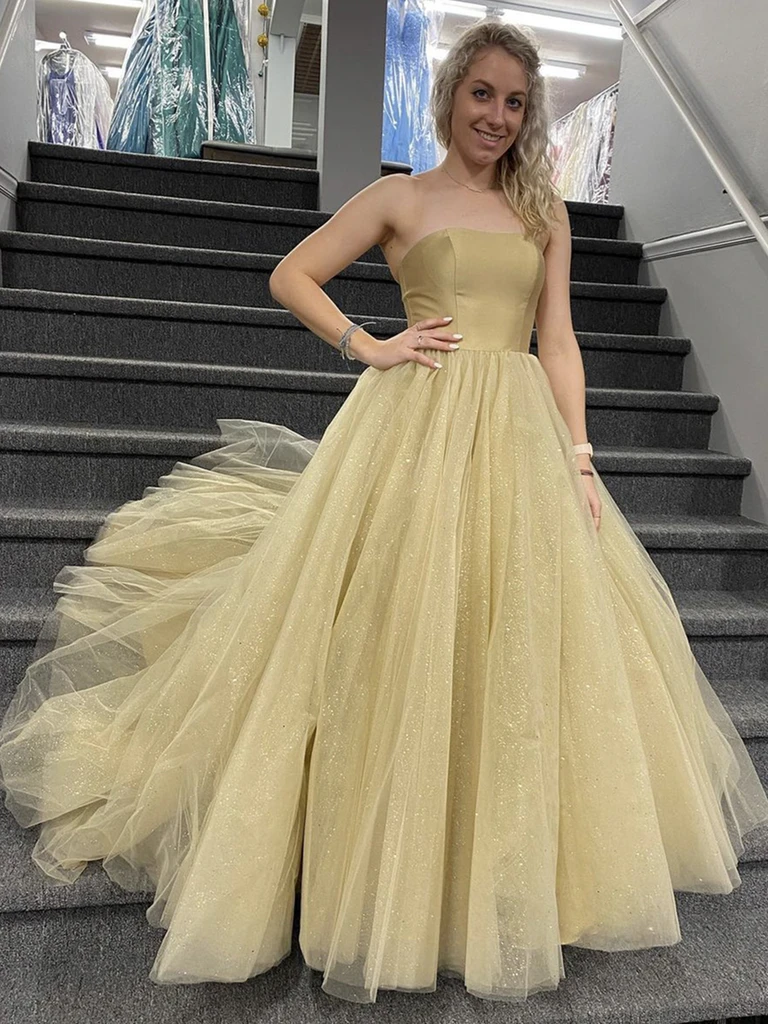 Shiny Strapless Champagne Tulle Long Ball Gown, Champagne Prom Formal Evening Dresses,