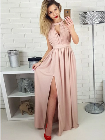 Gorgeous Pink Halter Side Slit Unique Back Design Long Evening Prom Dresses, Pink Chiffon Long Prom Dresses
