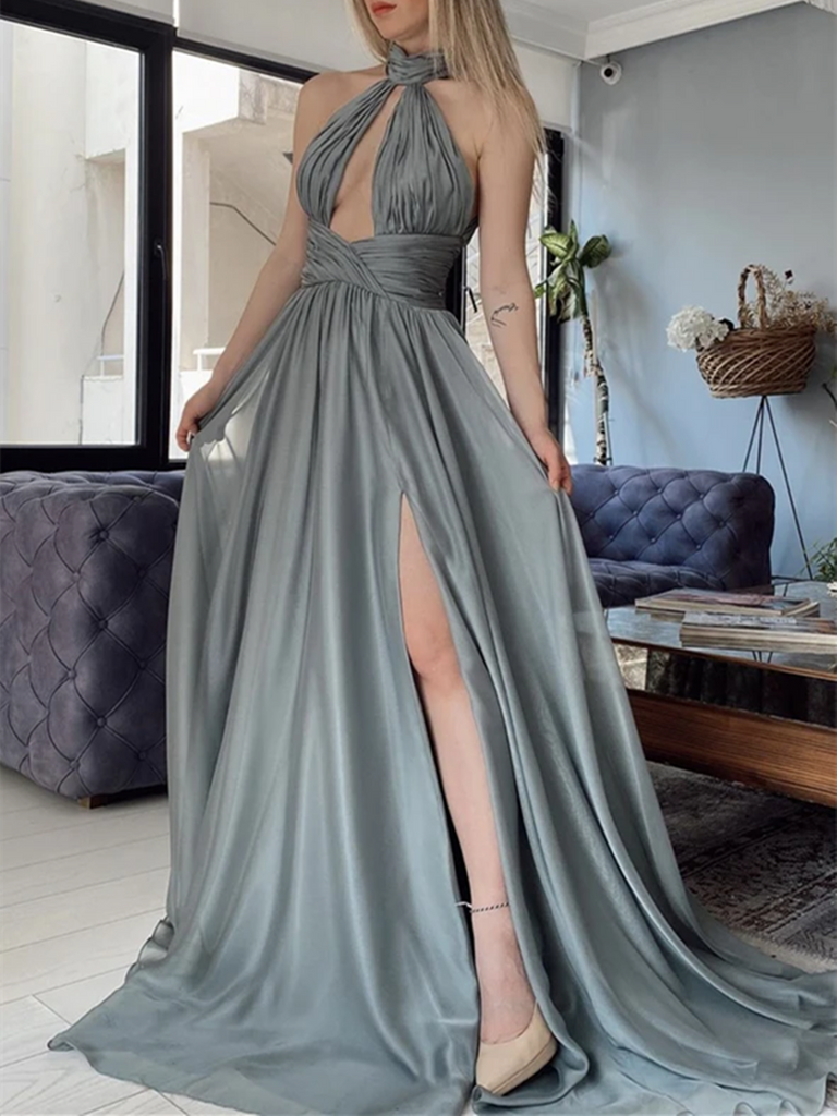 Gray chiffon halter neck dress outlet