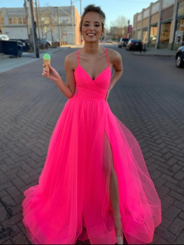 V Neck Hot Pink Tulle Prom Dresses, Hot Pink Tulle Formal Evening Graduation Dresses