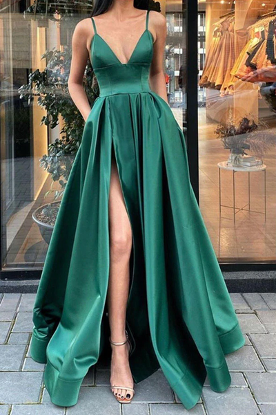 A Line Green Satin Long Prom Dresses With High Leg Slit, Long Green Satin Formal Evening Dresses