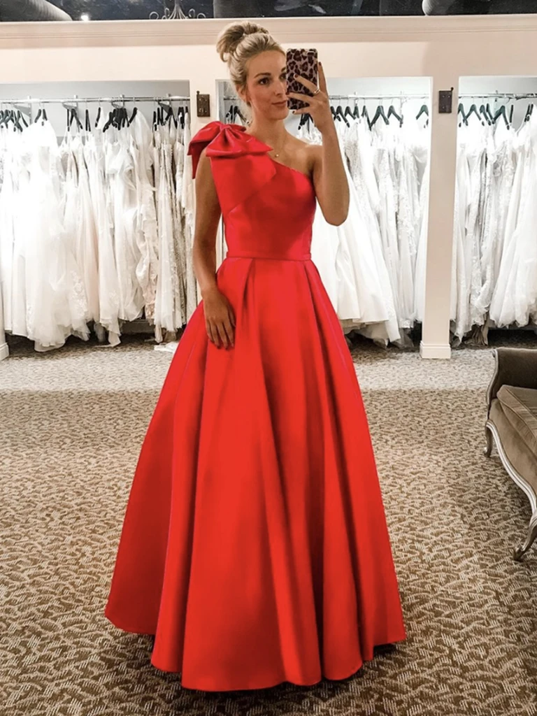 One Shoulder Floor Length Red Satin Long Prom Dresses, One Shoulder Red Formal Evening Dresses