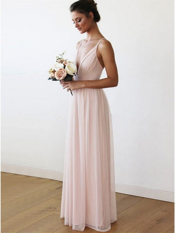 A-Line V Neck Criss-Cross Straps Pink Chiffon Long Bridesmaid Dress with Pleats,  Pink Chiffon Long Prom Dress