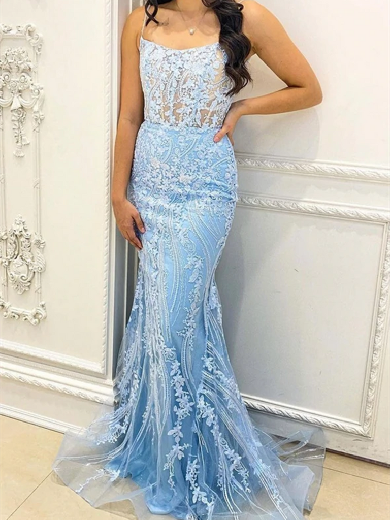 Blue Tulle Lace Long Mermaid Prom Dresses,  Lace Mermaid Long Formal Evening Dresses
