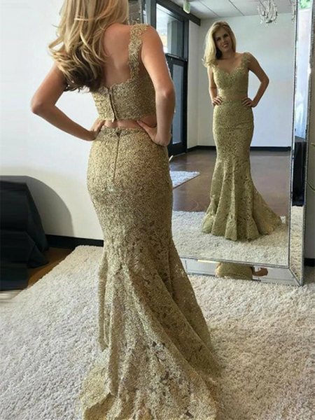 V Neck Two Pieces Mermaid Golden Lace Long Prom Dresses, 2 Piece Golden Mermaid Lace Formal Evening Dresses