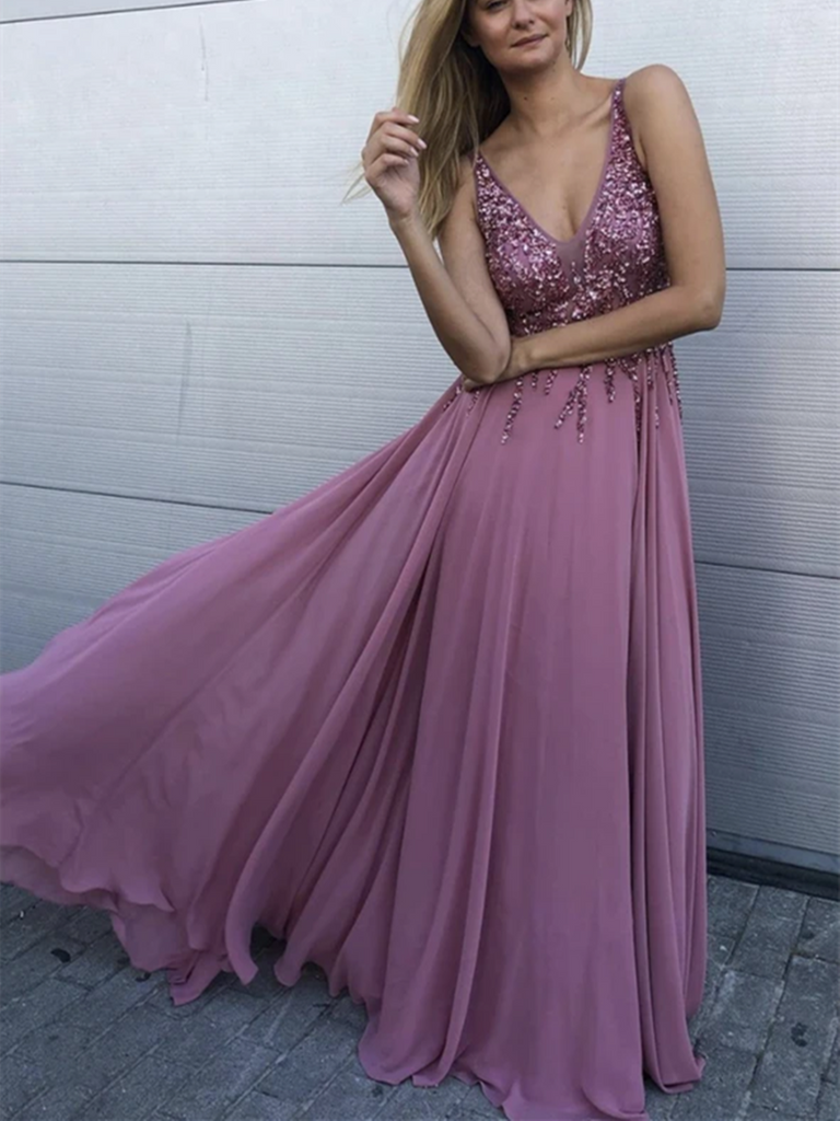 A Line V Neck Chiffon Beaded Grape purple Long Prom Dresses, Grape purple  Beaded  Formal Evening Dresses