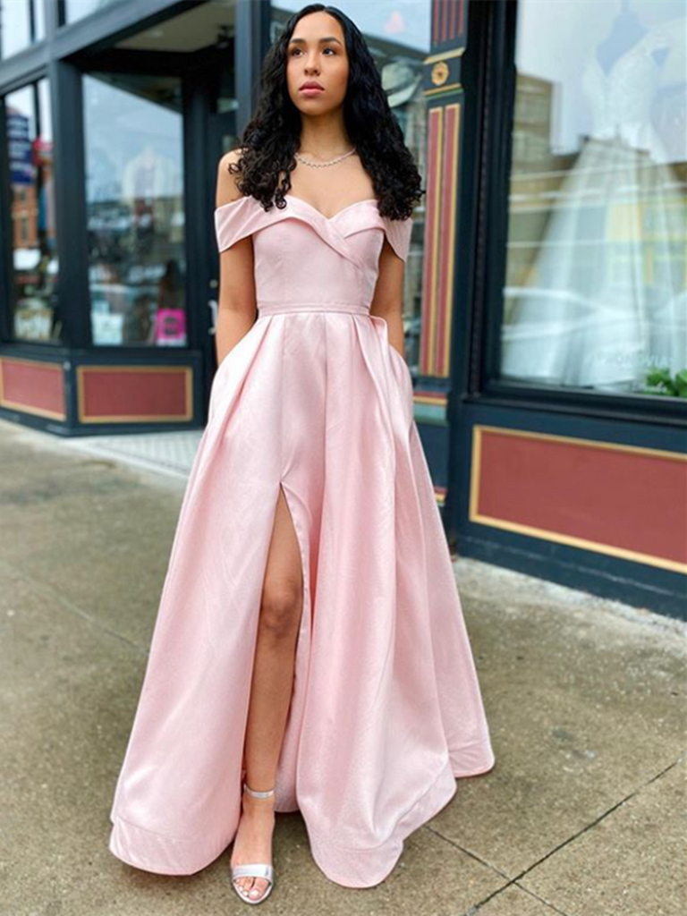 Pink Off Shoulder Satin Long Prom Dresses With Leg Slit, Pink Formal D morievent Pink Off Shoulder Satin Long Prom Dresses With Leg Slit, Pink Formal D morievent