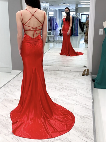 Mermaid Backless Red Satin Long Prom Dresses, Open Back Red Satin Mermaid Formal Evening Dresses