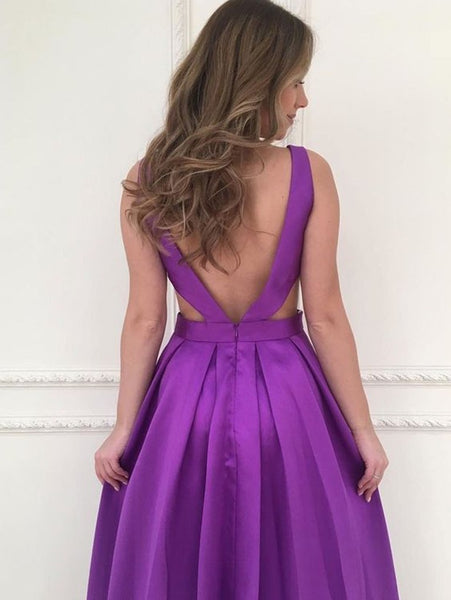 V Neck Backless Purple Prom Dresses, V Neck Backless Purple Formal Graduation Evening Dresses