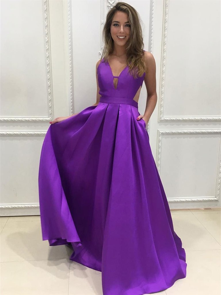 graduation dresses purple Purple Lace A Line V Neck Tulle Long Prom Dresses, Purple Lace Formal Lwt Dress