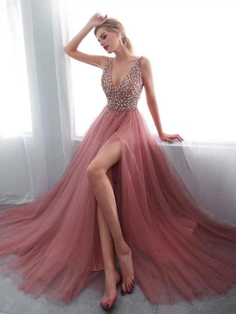 A Line V Neck Beaded Pink Tulle Long Prom Dresses , Pink V Neck Formal Dresses, Graduation Dresses
