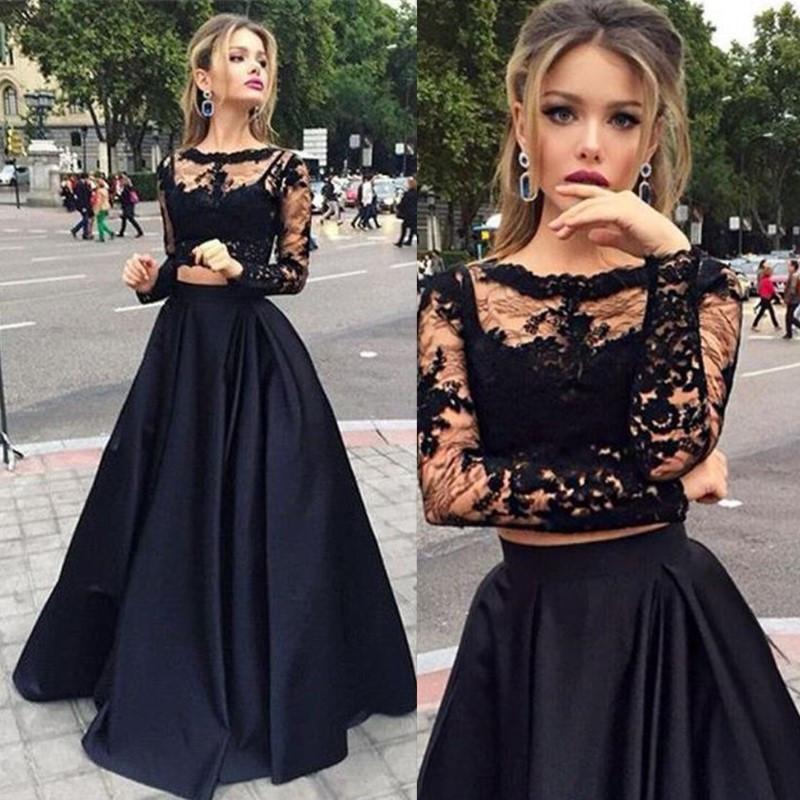 Long Sleeves Two Pieces Lace Crew Neck Prom Dresses, Lace Formal Dress –  morievent