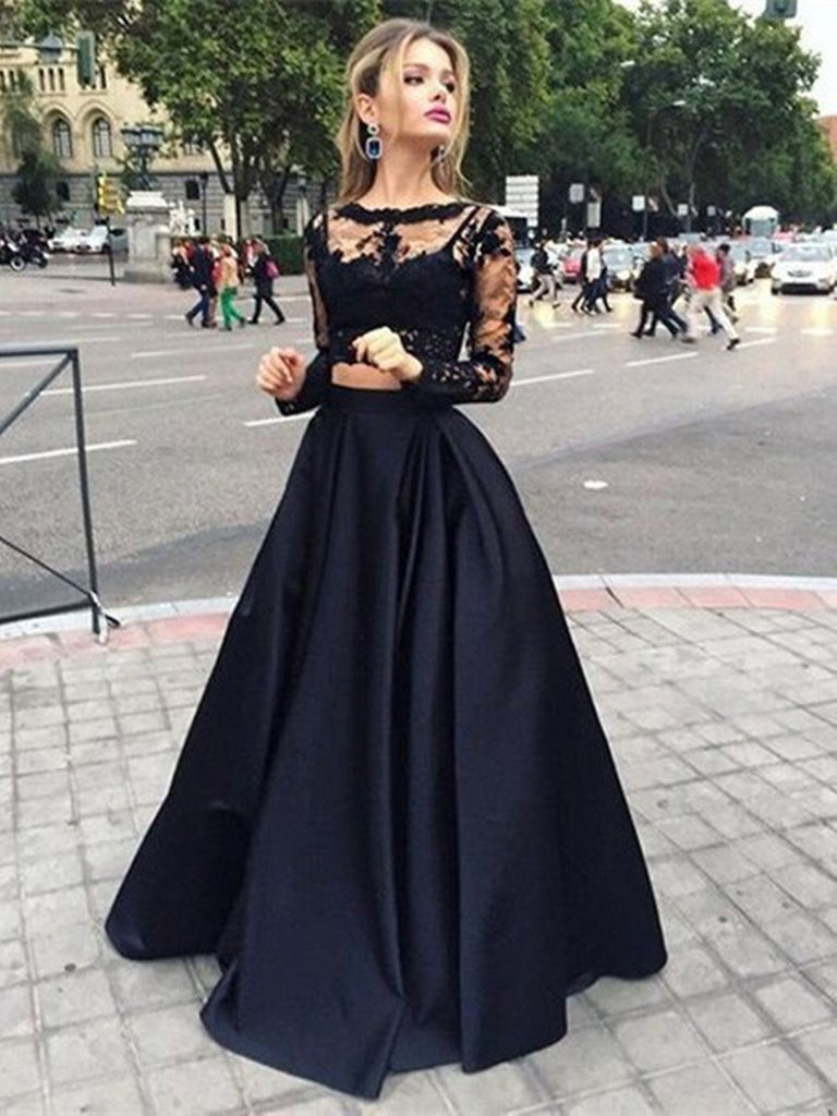 Long Sleeves Two Pieces Lace Crew Neck Prom Dresses, Lace Formal Dresses Long Sleeves Two Pieces Lace Crew Neck Prom Dresses, Lace Formal Dresses