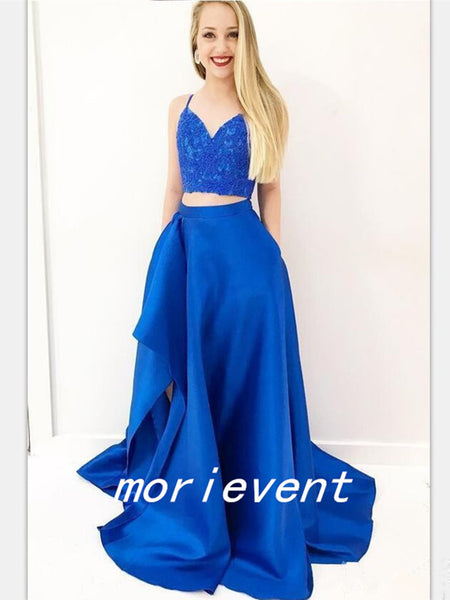 Royal Blue Two Piece Prom Dress,Satin Spaghetti Straps Prom Dress,Elegant Evening Dress