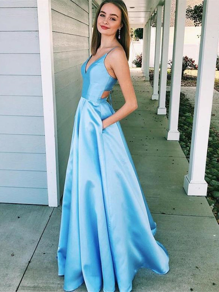 Blue A Line V Neck Pockets Prom Dresses, Sleeveless Formal Dresses morievent Blue A Line V Neck Pockets Prom Dresses, Sleeveless Formal Dresses morievent