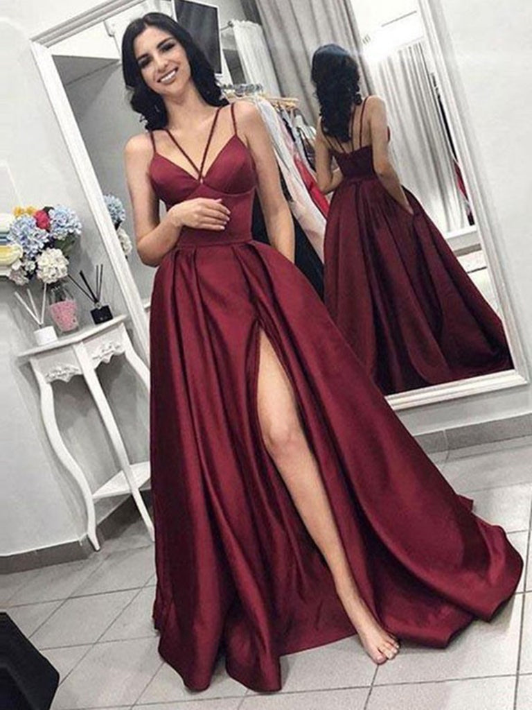 Burgundy V Neck High Slit Prom Dresses, Sleeveless Formal Dresses morievent Burgundy V Neck High Slit Prom Dresses, Sleeveless Formal Dresses morievent