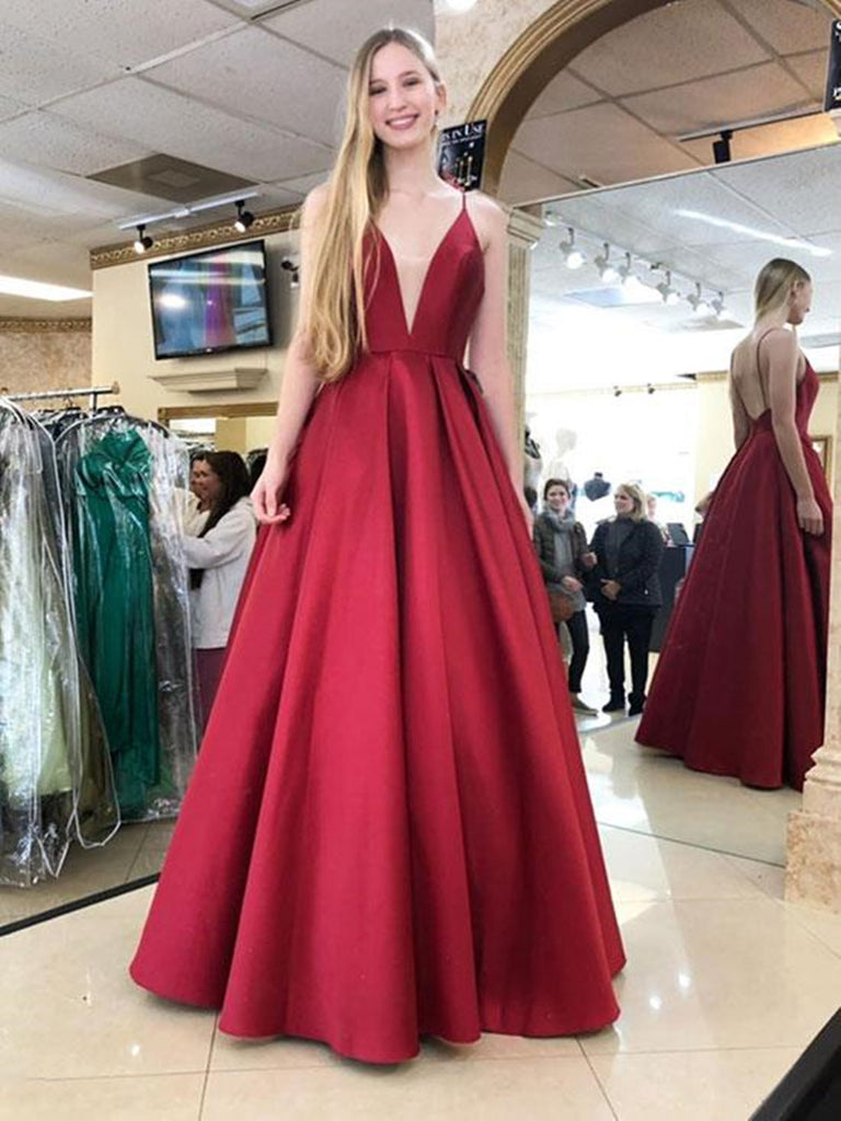 Burgundy V Neck Long Prom Dress, Sleeveless Formal Dresses